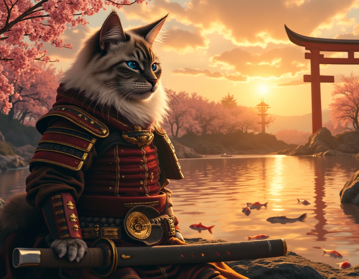 Cat dressed in ornate samurai armor sits in a serene Japanese garden at sunset. Cherry blossoms fall gently, and a koi pond reflects the golden light of the sky.